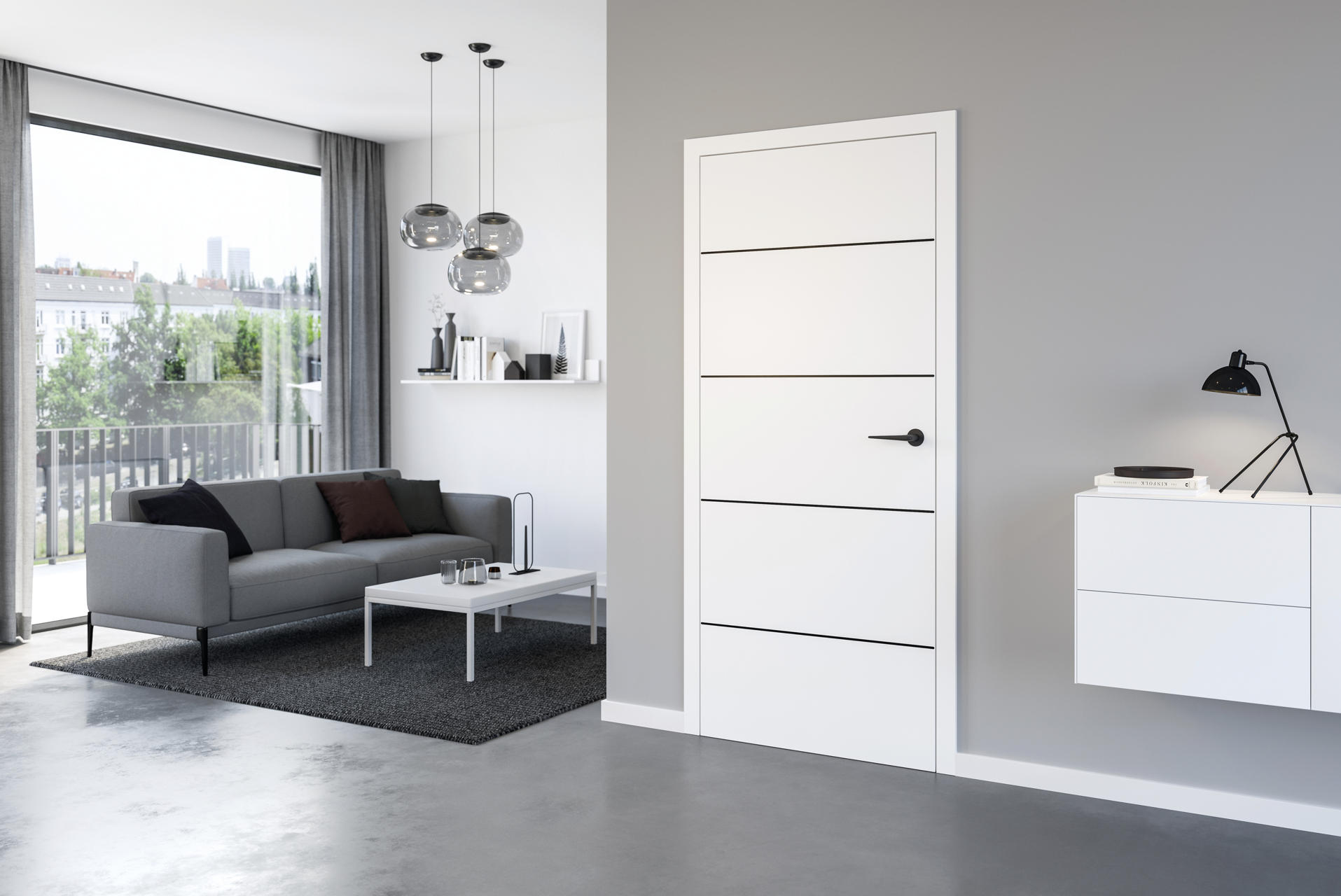 Gefälzte Holztür DesignLine Stripe mit Duradecor Weisslack Oberfläche